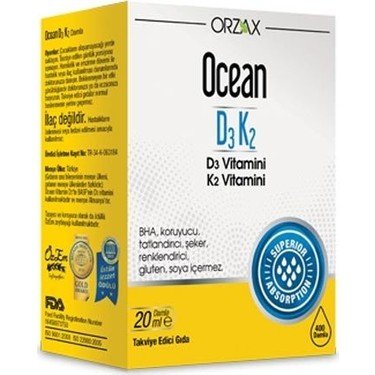 ORZAX - Ocean D3K2 Damla 20 ml 8697595871621 Fiyatı Özellikleri ve Faydaları